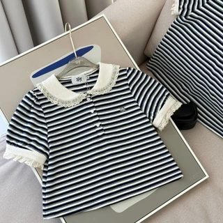 SISSY : เสื้อโปโลแขนสั้น (XS-XXL) คอบัวแต่งขอบลูกไม้ กระดุมหัวใจ ปักอะไหล่เงิน ผ้าถัก cotton สไตล์ลูกคุณหนู ผ้าใส่สบาย