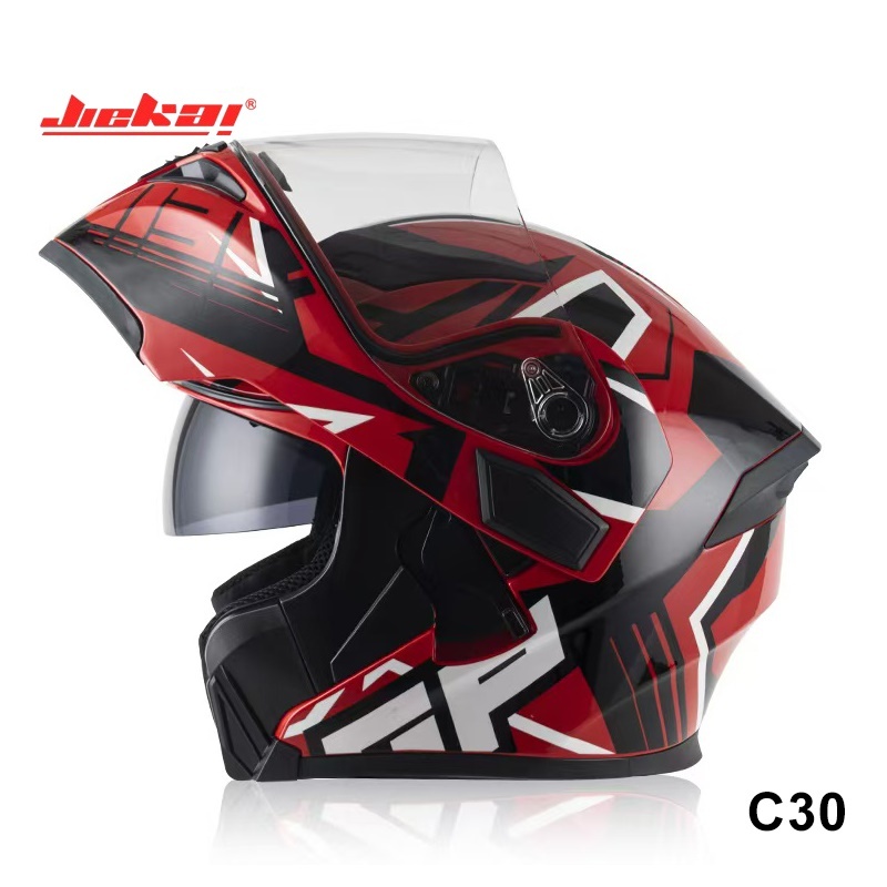 JIEKAI หมวกกันน็อกเต็มใบ ยกค้าง แว่น2ชั้น เต็มใบ ชิวใส รุ่น C30 ลายเรดฟิวรี่ Red Fury(Size:M L XL)