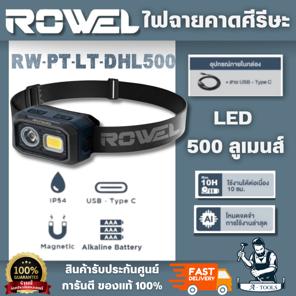 ROWEL รุ่น RW-PT-LT-DHL500 ไฟฉายคาดศรีษะ LED 500 ลูเมนส์ ยึดติดกับวัตถุที่เป็นเหล็กได้ด้วยแผ่นแม่เหล