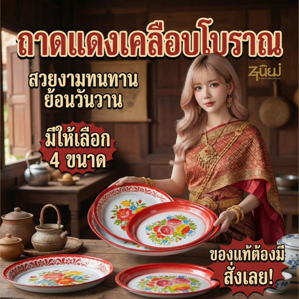 ถาดเคลือบโบราณ ถาดแดงเคลือบลายดอกไม้ ถาดแดง เกรดหนา ใส่ของไหว้พระ ใส่อาหาร มีหลายขนาด  พร้อมส่งในไทย