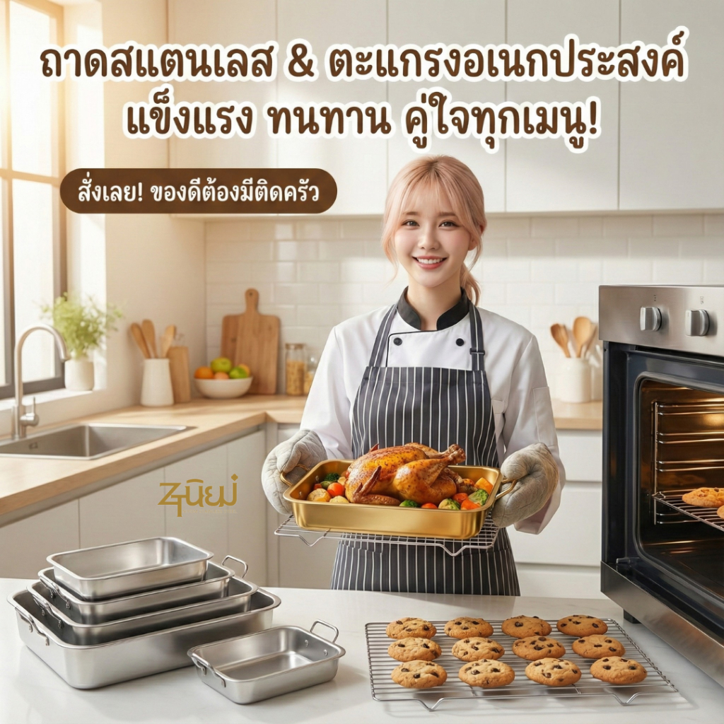 ZTนิยม ถาดเหลี่ยมสแตนเลส มีหูจับ อย่างหนา สีทอง-สีเงิน ตะแกรงสแตนเลสอเนกประสงค์ แข็งแรงทนทานไร้สนิม