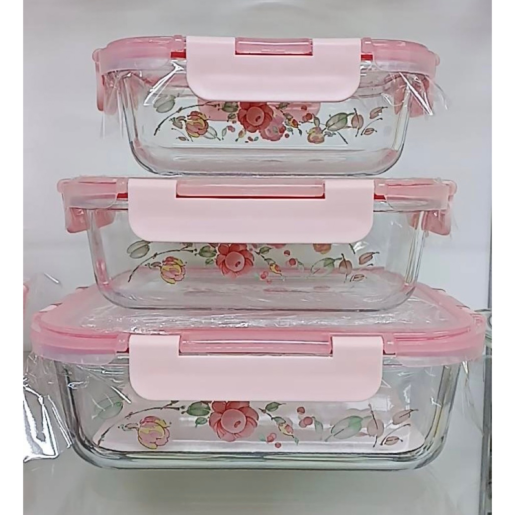 🍂🍂Pyrex กล่องแก้ว ภาชนะแก้วใส่อาหาร Pyrex square glass storage set🥮🥮ลาย country rose 1 ชุด มี 6 ชิ้น