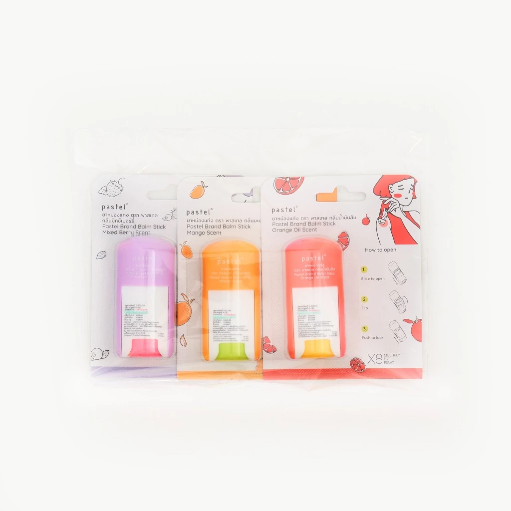 pastel balm stick ชุดยาหม่องแท่งบรรเทาอาการปวด มี 3 กลิ่นผลไม้ (มิกซ์เบอร์รี่, มะม่วง, น้ำมันผิวส้ม)