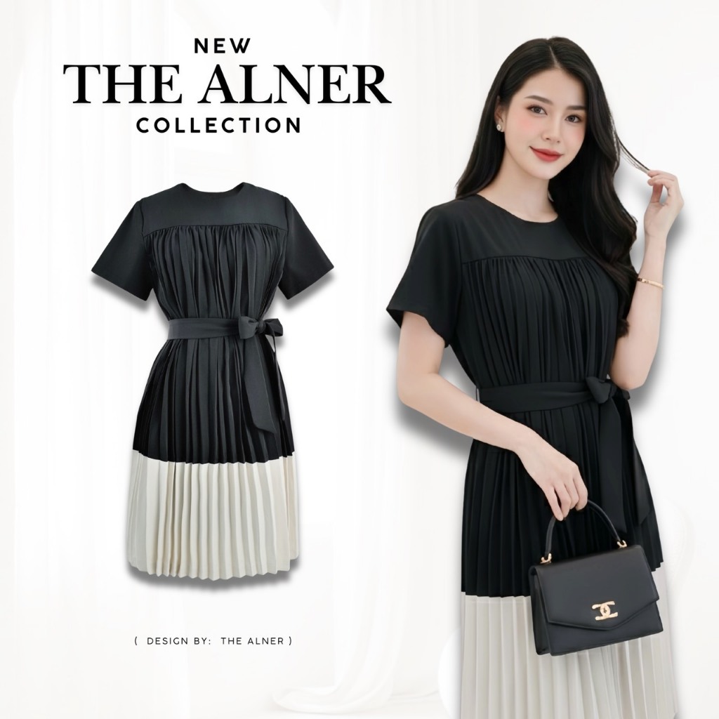 Thealner-AN620 (เดรสทูโทนอัดพลีทดำครีมแขนสั้นผูกเอว)