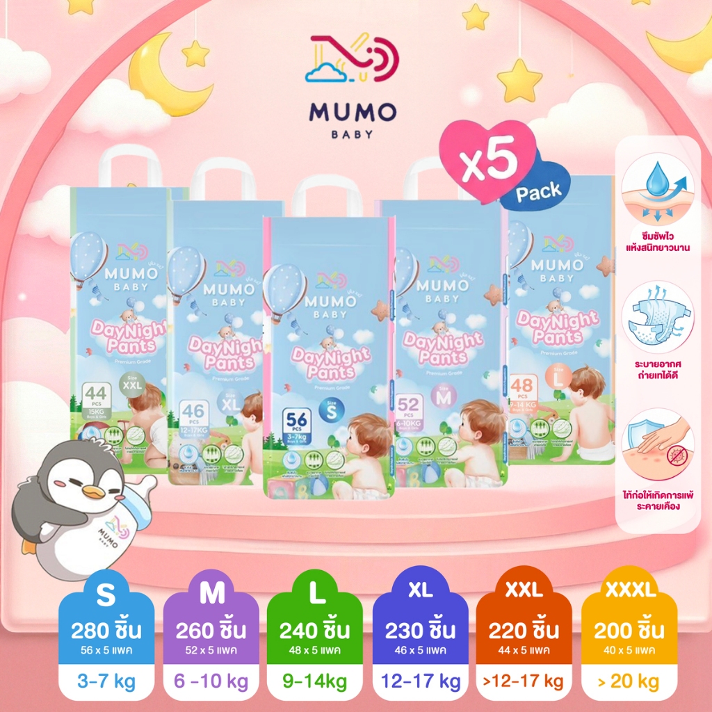 ใหม่ Mumo Baby Day&Night Pants ไซส์S-3XL กางเกงผ้าอ้อมเด็ก มูโมะเบบี้ แพมเพิสเด็ก ยกลัง5แพ็ค