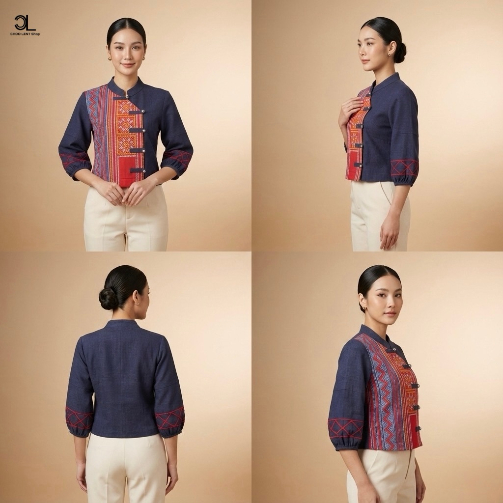 CHOO LENT เสื้อใยกันชงแต่งผ้าม้ง รุ่น Oriental Hmong | คอจีนป้ายเฉียง กระดุมเงิน แขนจั๊มแต่งลาย • S-