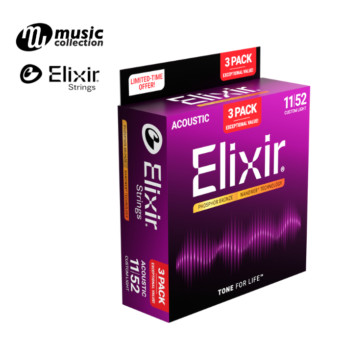Elixir® Nanoweb สายกีตาร์โปร่ง เบอร์ 11 เคลือบ Phosphor Bronze (Custom Light, 11-52) (3-Pack) #16568
