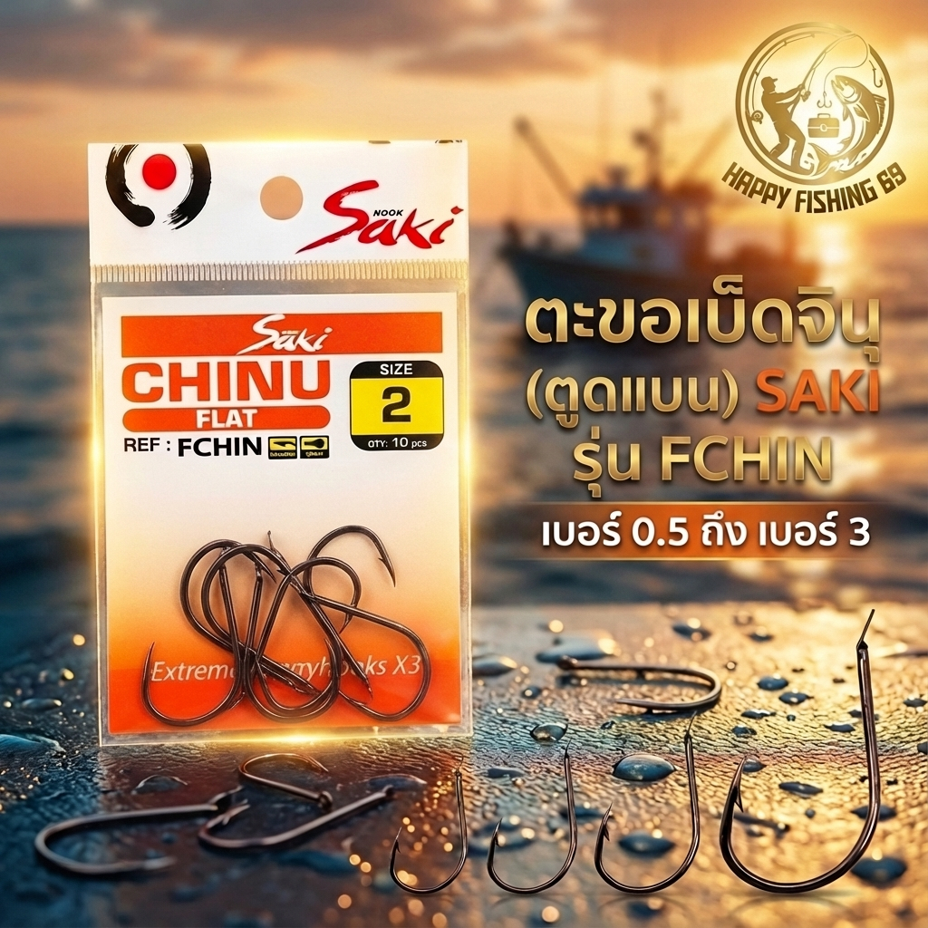 [item020] ตะขอเบ็ดจินุ (ตูดแบน) SAKI รุ่น FCHIN เบอร์ 0.5 ถึง เบอร์ 3