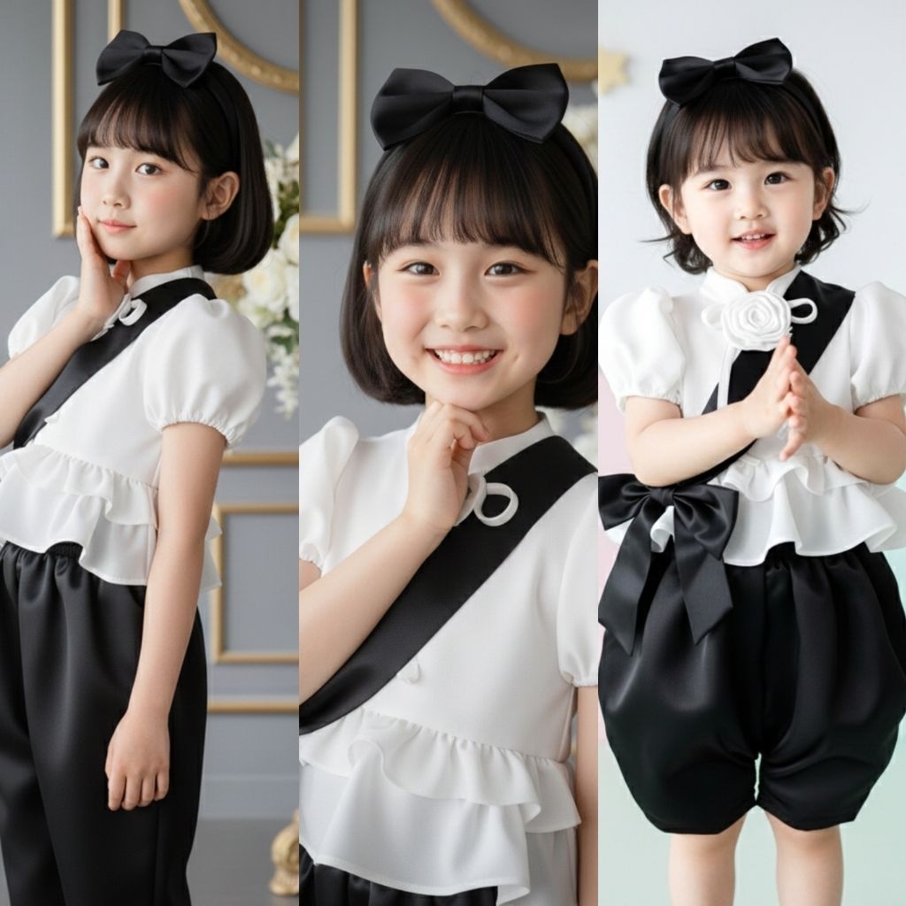 ชุดไทยเด็กสีขาวดำเซ็ต4ชิ้น ชุดเด็กหญิง🖤พร้อมส่ง(DD)