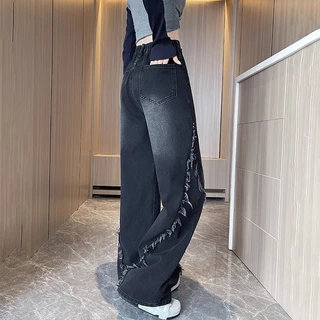 S~5XL Baggy jeans for women กางเกงยีนส์วินเทจสีดำ กางเกงขายาวทรงตรงดีไซน์ขอบดิบสุดเทรนด์ กางเกงยีนส์ขากว้างแบบลำลอง HOT