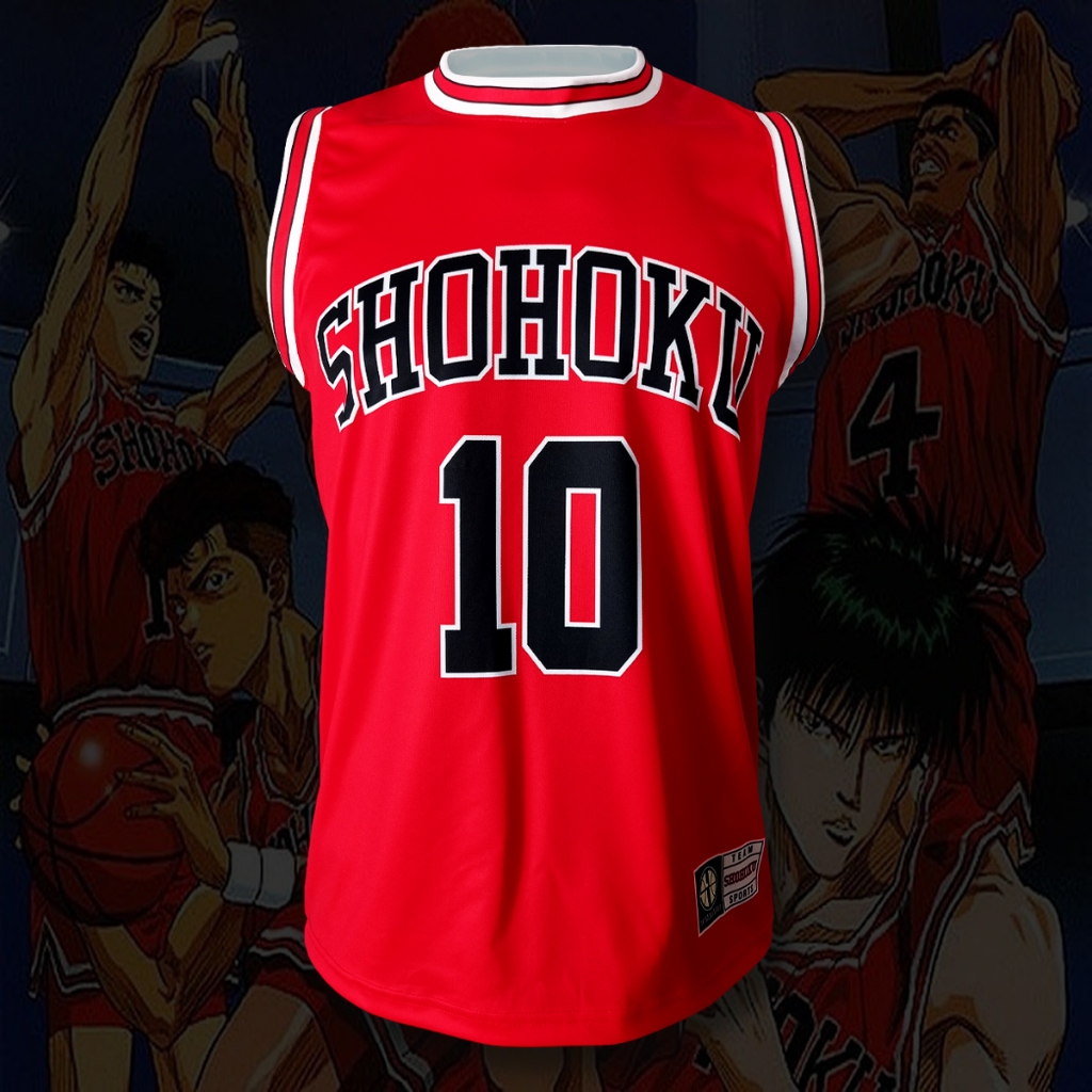 เสื้อบาสเกตบอล การ์ตูนสแลมดั้งค์ ทีม โชโฮคุ รุ่น สีแดง /SAKURAGI#10 พิมพ์ทั้งตัว ไซส์ S-5XL #BK0286