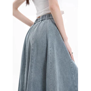 S~5XL Long skirt women Elastic band design กระโปรงยีนส์เอวสูงทรงเอเอวสูงสไตล์เกาหลีแบบไม่มีร่องผ่ากระโปรงทำงานทรงหางปลา