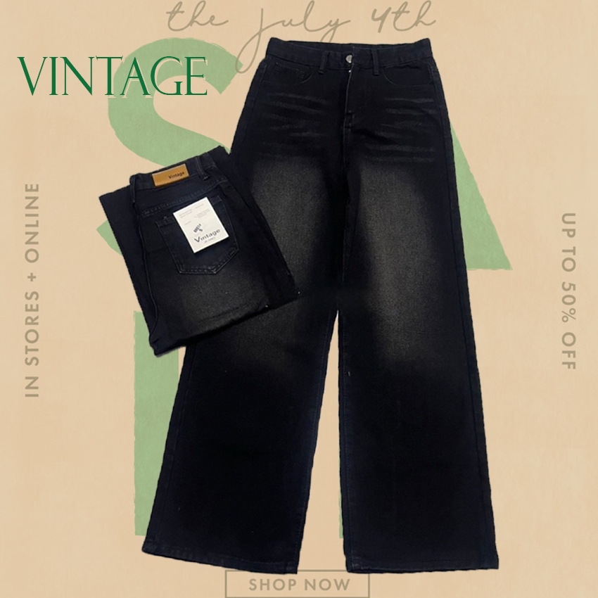 Vintage รุ่น 107 กางเกงยีนส์ ขายาว ทรงกระบอก เอวสูง ทรงกระบอก สีดำฟอก แต่งเฟดขา กางเกงยีนส์ขากระบอก