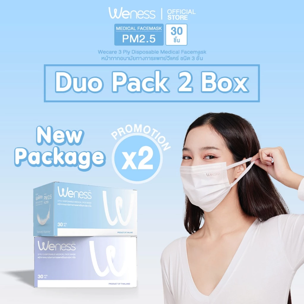 Weness วีเนสหน้ากากอนามัย รุ่นวีเเคร์ (เซ็ต 2 กล่อง) หูหนา นุ่มพิเศษ ไม่เจ็บหู แพ็คแยกซอง อ่อนโยนต่อผิวหน้า