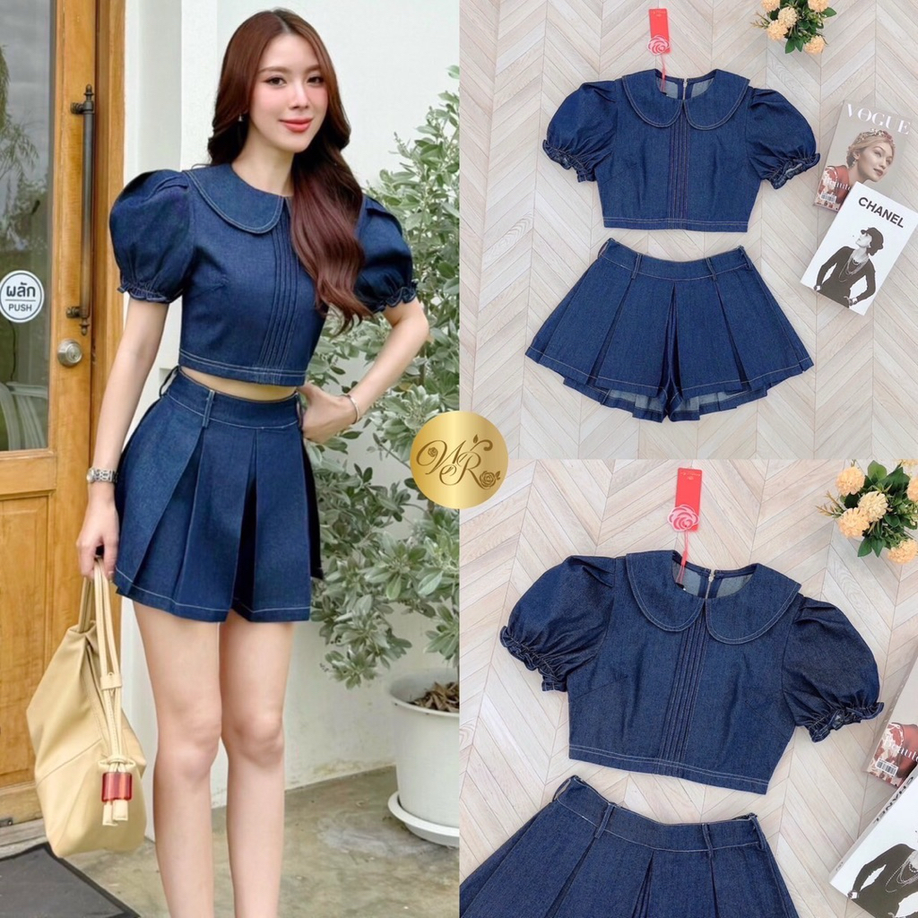 [Widelia @ Real] Set เสื้อแขนตุ๊กตากับกางเกงขาบาน ตัวเสื้อคอบัวซิปหลังกางเกงขาบานเย็บจับคล้ายกระโปรง