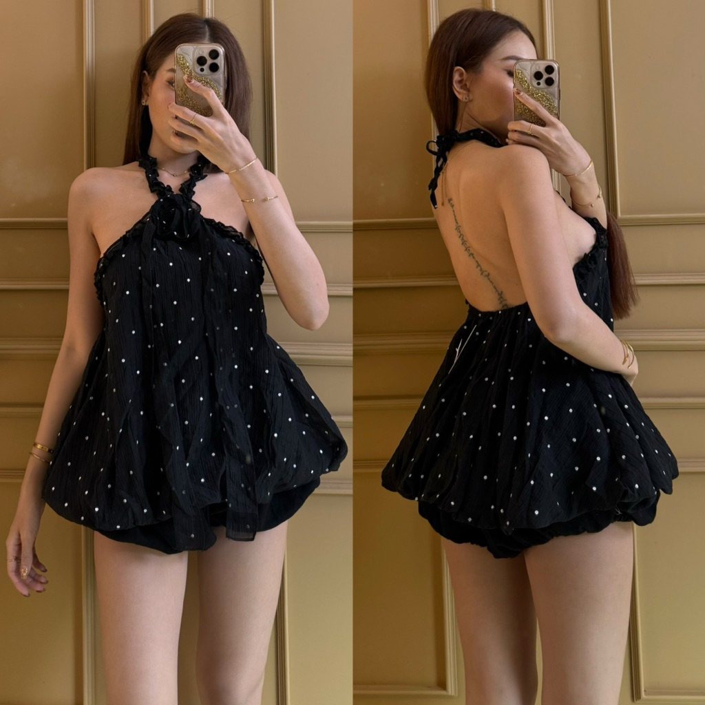 เซ็ตเสื้อคล้องคอ PKD แต่งกุหลาบ กางเกงบอลลูน