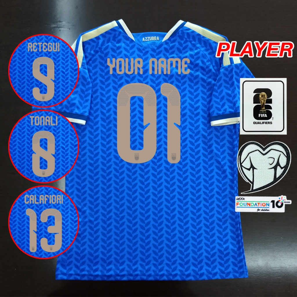 เสื้อฟุตบอลเกรดเพลเยอร์ทีมชาติ oิตาลี เหย้า รุ่นฟุตบอลโลก2026 อาร์มWC/ชื่อเบอร์นักเตะในทีม ไซส์เอเชี
