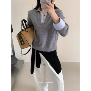 Gakki เสื้อสเวตเตอร์ถักลายปะติดปะต่อแบบสองชิ้นแขนยาวกันหนาวผู้หญิง เสื้อไหมพรมสไตล์เกาหลีฟรีไซส์ พร้อมส่ง 3383#