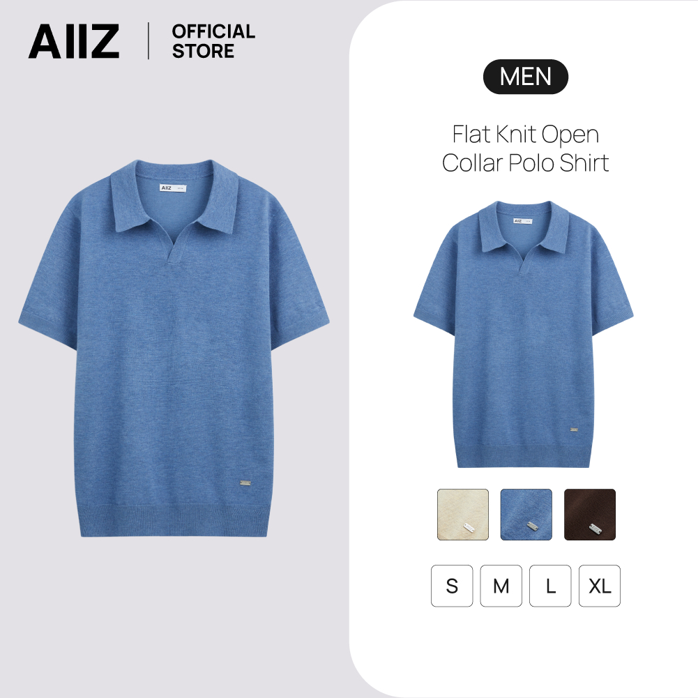 AIIZ เสื้อโปโลผู้ชายคอวีผ้าถักสีพื้น