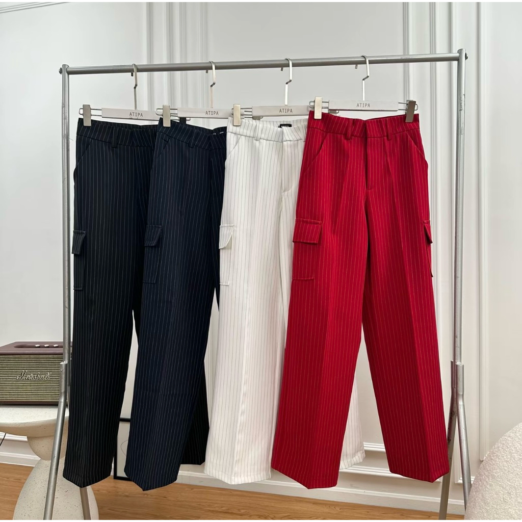 ส่งต่อ กางเกงริ้วลายทาง ทรงคาร์โก้ - Atipashop (สียีนส์ size M)