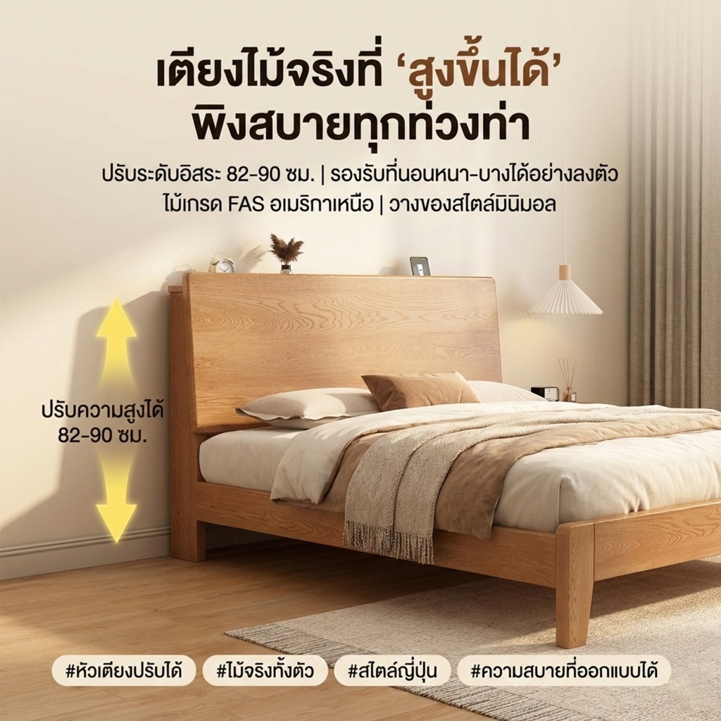 เตียงไม้เนื้อแข็ง ดีไซน์มินิมอลทันสมัย ​​เหมาะสำหรับอพาร์ทเมนต์ขนาดเล็ก แข็งแรงทนทาน มีให้เลือก 4/5/6 ฟุต - รูปที่ 2