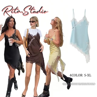 Rita พร้อมส่ง🍒เสื้อสายเดี่ยว ทรงยาว แต่งลูกไม้ แบบไม่สมมาตร เปิดหลัง เซ็กซี่แฟชั่นผู้หญิง ผ้าซาตินอย่างดี สไตล์ยุโรป