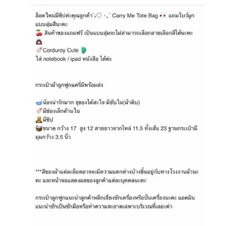 carryme -มีซิป🌹เปิดจอง tote bag/กระเป๋าผ้าลูกฟูก ใส่ไอแพด สมุด หนังสือได้ มีช่องใน〰️แถมโบว์ สุ่มค่ะ