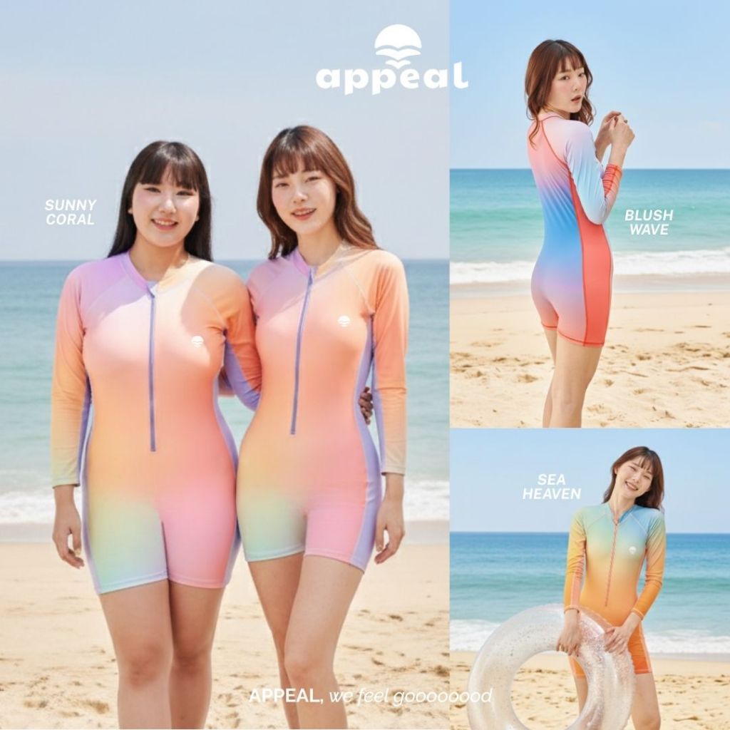☀️APPEAL🌊 Summer Shade Playsuit ชุดว่ายน้ำแขนยาวผู้หญิง ชุดหมีวันพีชซิปหน้า ไล่เฉด สีสันสดใส กันUV มีฟองน้ำในตัว P124