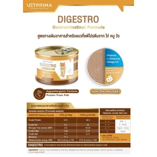 (6กระป๋อง/12กระป๋อง) Vetprima Digestro Adult Cat สูตรทางเดินอาหารสำหรับแมวที่แพ้โปรตีนจาก ไก่ หมู วัว 190g