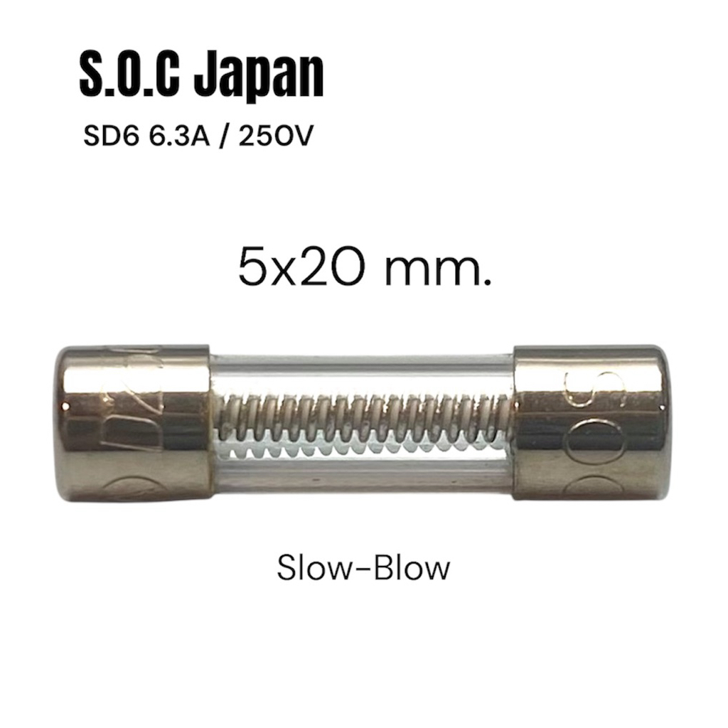 ฟิวส์แก้ว 6.3A 250V (5x20mm) SOC Japan Slow-Blow ไส้สปริง ทนกระแสกระชาก สำหรับเครื่องเสียง/PSU/งาน DIY ระดับพรีเมียม