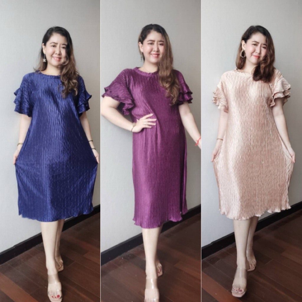 แฟชั่นชุดเดรสงานอัดพลีท คอกลมระบายแขน ผ้ายืดFreesize สีสวยตรงปก b11 สาวอวบใส่สวย ชุดแซกออกงาน