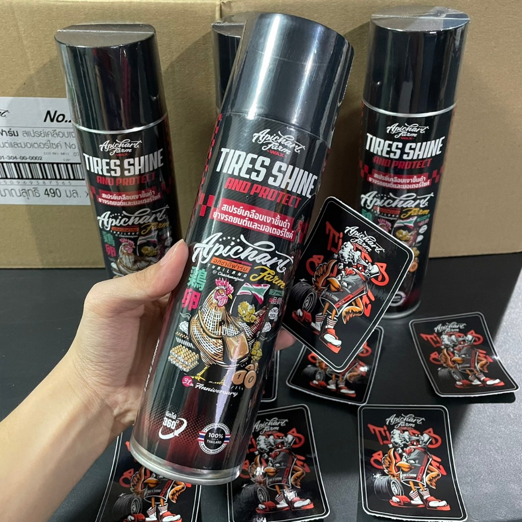 [แดง]+สติ๊กเกอร์ TIRES SHINE อภิชาติฟาร์ม ของแท้100% แว็กซ์ยางดำ สเปรย์เคลือบเงาชิ้นดำและยาง เสี่ยยู Apichartfarm