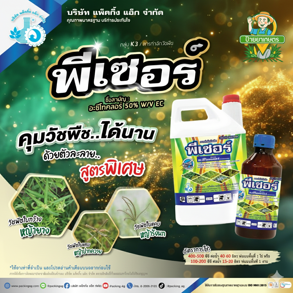 พีเซอร์ น้ำม่วง ขนาด 1 ลิตร และ 4 ลิตร อะซีโทคลอร์ ยาคุมหญ้า คุมแห้ง อะเซโทคลอร์ กำจัดหญ้าใบแคบกว้าง