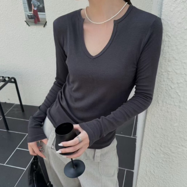 ยืด 1269  ✨New in✨T-shirt เสื้อยืดแขนยาว ดีเทลคอวีสไตล์เกาหลี งานผ้ายืด เกรดพรีเมี่ยม