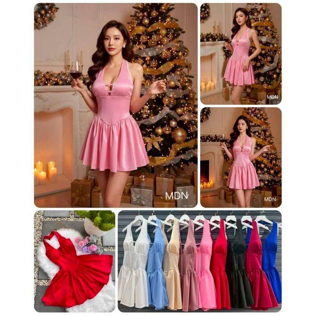 MDN. มินิเดรสคล้องคอแต่งลูกไม้ กระโปรงบานบาร์บี้ ผ้าSatin กลิตเตอร์ เนื้อผ้าจะมีความเงายืด  𝘄𝗵𝗼𝗹𝘀𝗮𝗹𝗲