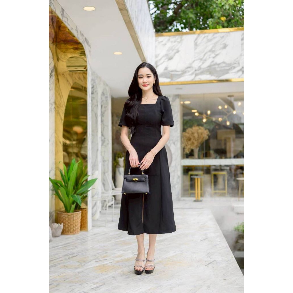 DS024เดรสออกงาน(*ผ้าสโนวฟลอร่า*) ชุดทำงานทำงานคอเหลี่ยมดีเทลน่ารักเรียบหรู ความยาว46นิ้ว (ลงตรงไซส์ได้เลยจ้า)