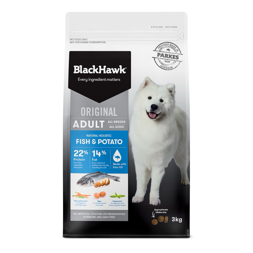 BlackHawk Original Adult Dog Food Holistic Fish & Potato อาหารสุนัขโต โฮลิสติก สูตรปลาและมันฝรั่ง ขนาด3-10-20kg
