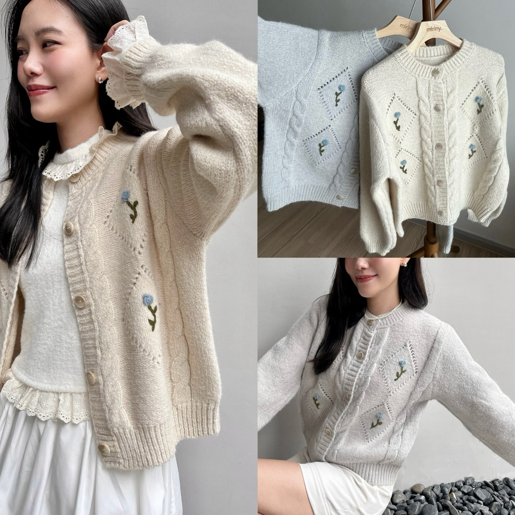 MIRINY - Sola คาร์ดิแกนลายดอกไม้ ถักพรีเมียม ผ้านุ่ม