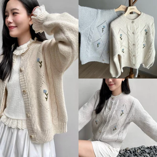 MIRINY - Sola คาร์ดิแกนลายดอกไม้ ถักพรีเมียม ผ้านุ่ม