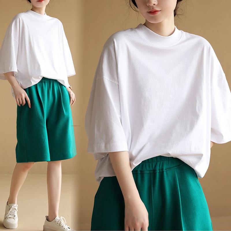 เสื้อคอเต่าสีพื้นมินิมอลสไตล์เกาหลี oversize เสื้อผ้าสาวอวบไซส์ใหญ่ แฟชั่นใหม่ เสื้อยืดสวยๆผู้หญิงแบบหลวม ผ้าคอตตอนผสม