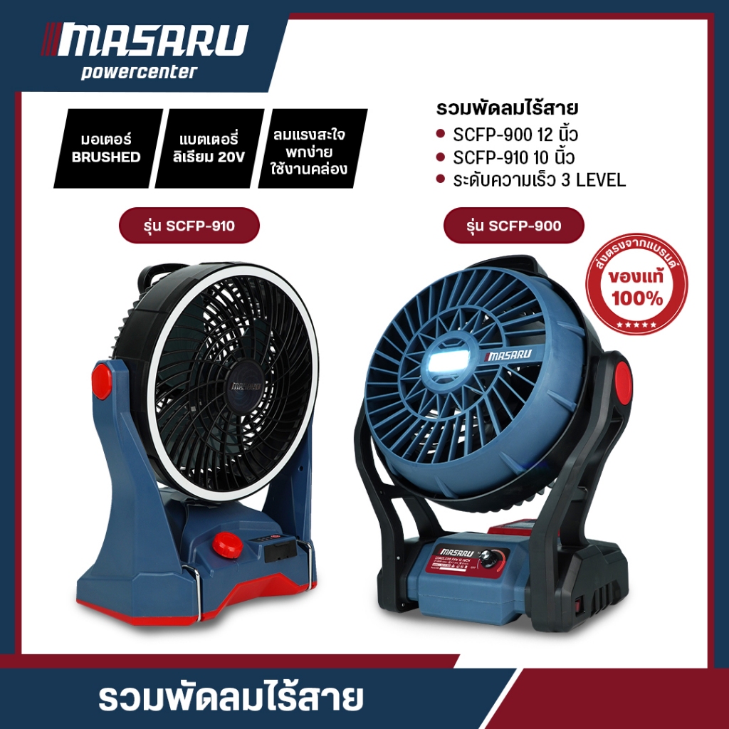 (ถูกสุด) MASARU พัดลมไร้สาย 12/10 นิ้ว SCFP-900/SCFP-910 พัดลมพกพา พัดลมแบตเตอรี่ไร้สาย Power Turbo