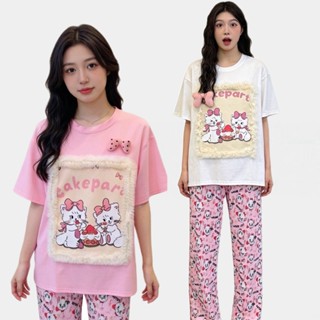 SGH0211 ชุดเซ็ตน้องแมว งานปัก มีโบว์ สีชมพูหวานแหว