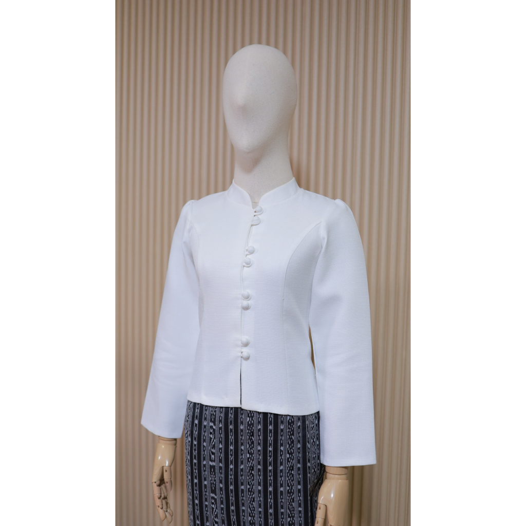 เสื้อผ้าฝ้ายลินินคอจีนกระดุมคู่สีขาว (ป02) - รูปที่ 2