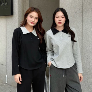 SISSY : เสื้อแขนยาวคอปกทูโทน (S-XXL) ชายโค้ง ผ้านุ่มยืดแน่นใส่สบาย แต่งลายเส้นใส่แล้วหุ่นสับเอวคอด
