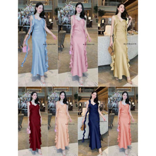 ชุดราตรีออกงาน เดรสยาว แต่งระบายเกลียวยาว งานมีซับใน ผ้าซาติ…