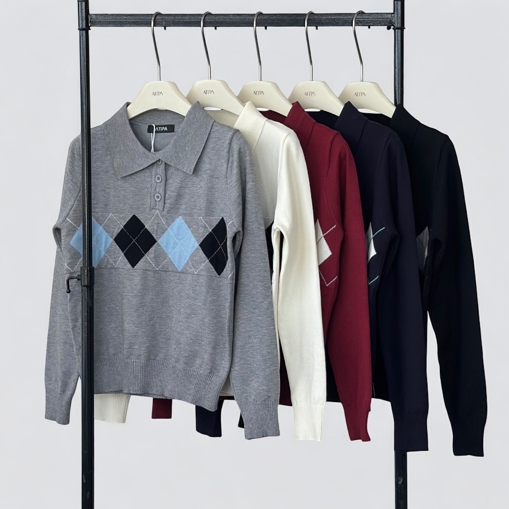 Atipashop - WINTHORPE KNIT POLO เสื้อโปโล คอปก ผ้าไหมพรม ลายข้าวหลามตัด ผ้านิ่ม ใส่สบาย