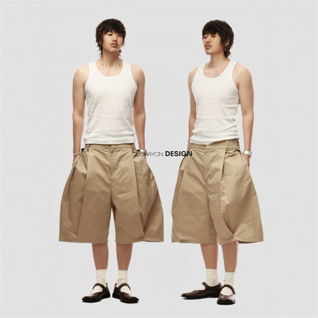 🗝️ 6CRAYON Elastic Waist Wide-Leg Shorts 2.0 – Double Pleated & Loose Fit with Coating กางเกงขาสั้น