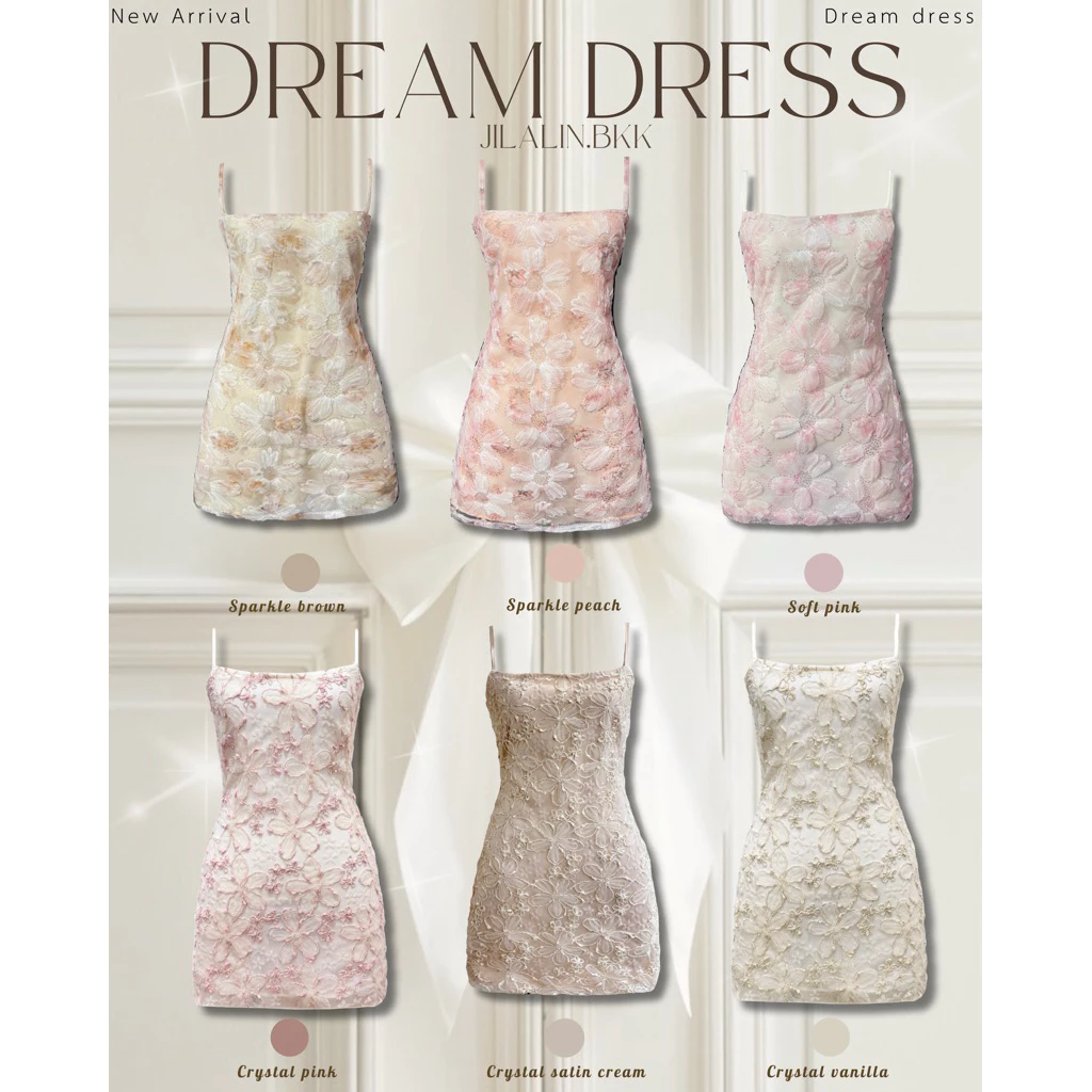 🌙Dream dress🌙 (พร้อมส่ง)สั้น/ยาว เดรสสายเดี่ยวลายดอก ผ้าปักเลื่อมทั้งตัว มีซิปหลัง (690.-) JILALIN.BKK