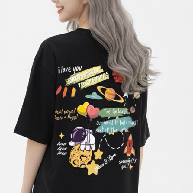 (New) เสื้อยืดลายนักบินอวกาศ I love you from moon to the mars สกรีนหลัง ขาวดำ คอกลม มีไซส์