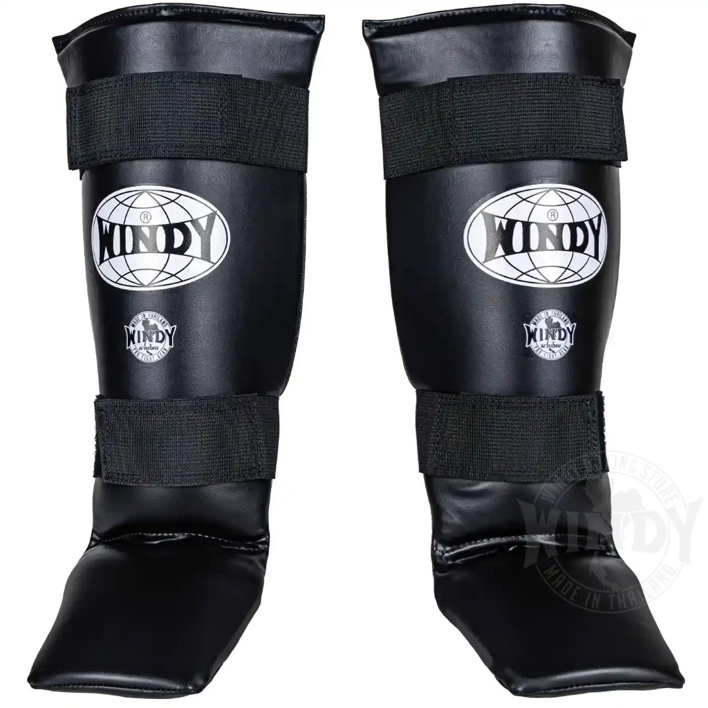 วินดี้สนับแข้งคิกบ็อกซิ่ง — หนังเนื้อหนา WSC1-BK สีดำ Kickboxing Shin Guards PU –  S, M, L, XL | Win